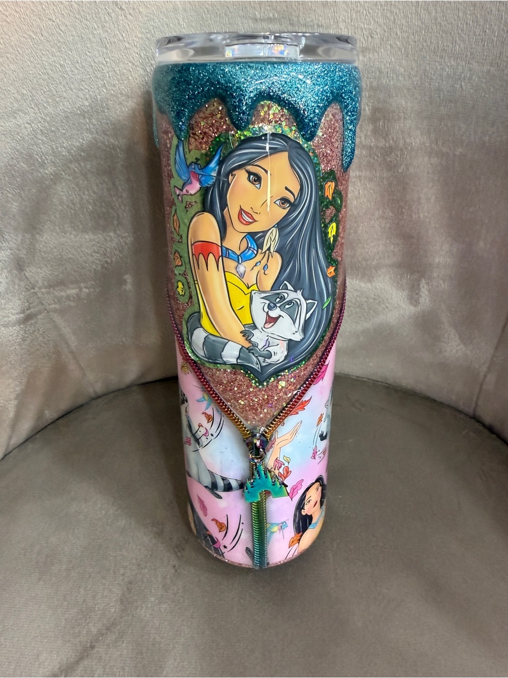 Pocahontas Glitter Traveler Tumbler - Pink & Teal